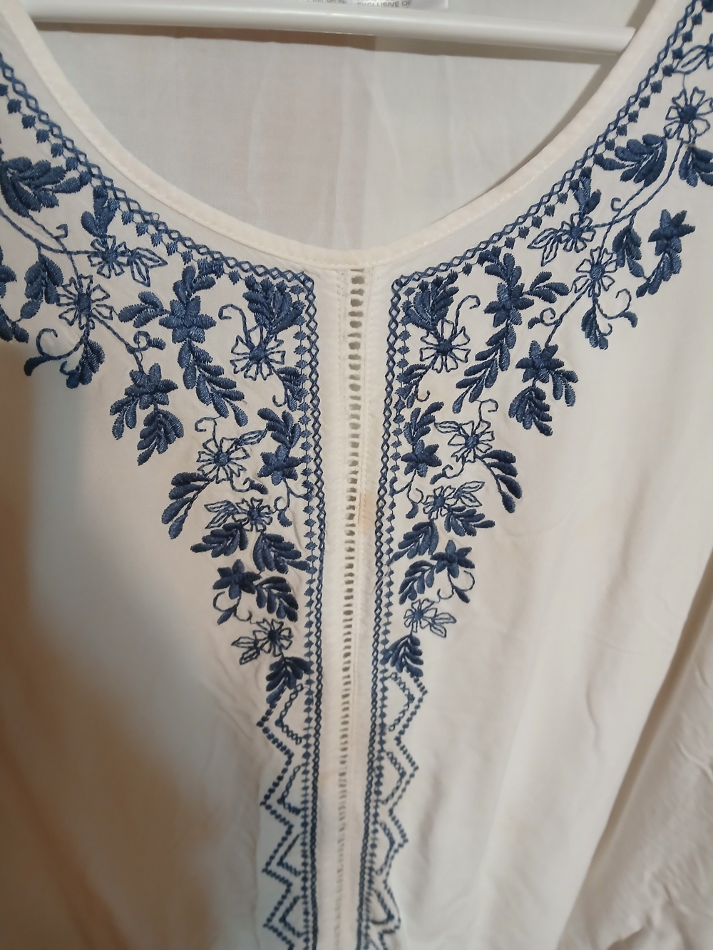 Time and Tru White V-Neck Blouse with Navy Floral Embroidery